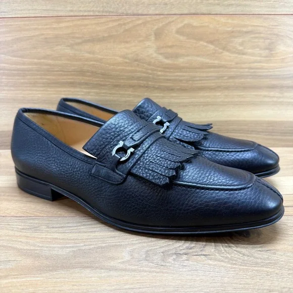 Salvatore Ferragamo Gancini Bit Kiltie Loafer 9.5 EE Black Split Toe Pebble